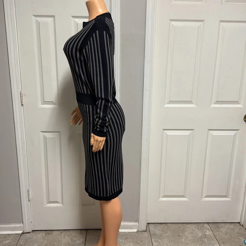 Y.A.S. Long Sleeve, Ribbed Knit Dress with Black and Grey Eegant Striped Dress - Picture 6 of 16